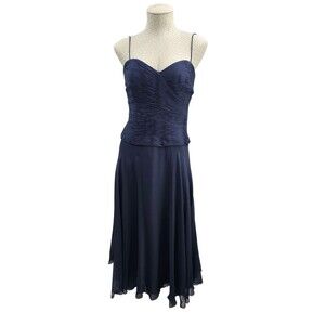 AssAR‎ NY Navy Strapless Ruched Silk Flowy Formal Gown Dress Women's 12 Luxury